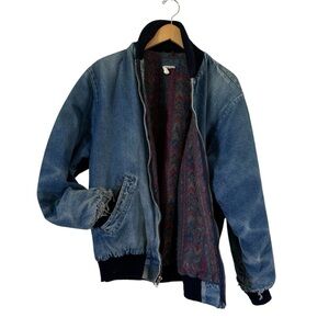 Vintage Oshkosh Bgosh Denim Bomber Jacket Jean THRASHED Blanket Lined Mens M